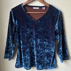 Vintage Russ Berens Crushed Velvet Top Blue Long Sleeve Made in USA Y2K